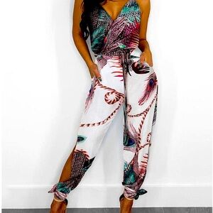 Brand New Spaghetti Strap V-Neck Peacock Print Jumpsuit Size XL